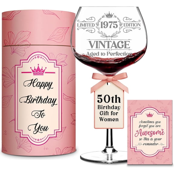 Vintage Engraved Wine Glass - 50th Birthday Gifts For Her - Cool Gifts For 50 Year Old Woman - Birthday Present - Fifty Women Gift Ideas - Turning 50 Cup for Wife, Sister, Daughter, Ladies