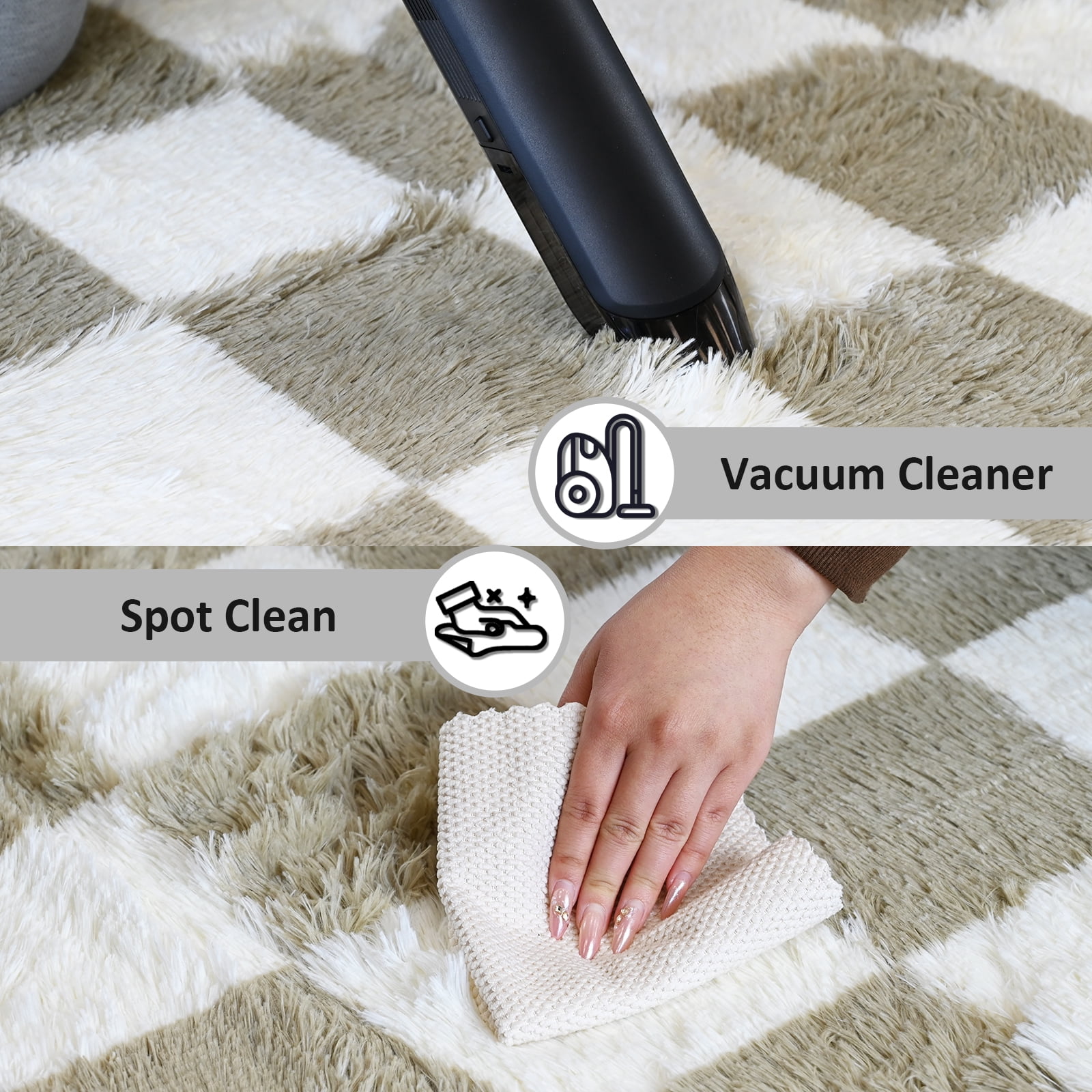 Pentantan 8ft x 10ft Shag Area Rugs for Living Room, Classic Checkered Fluffy Bedroom Carpet, Beige & White