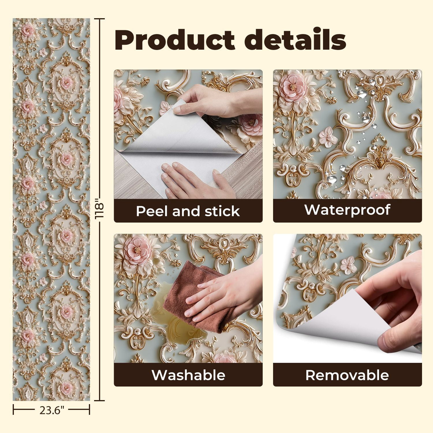 Peel and Stick Wallpaper Ornate Floral Design Soft Pink Flowers Gold Accents Elegant Blue Wall Mural 23.6in x 9.8ft Self Adhesive Removable Wall Paper Renter Friendly Wallpaper for Bedroom