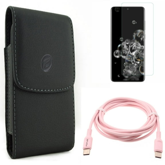 Screen Protector w Pink 6ft Long Cable w Case Belt Clip for Samsung Galaxy S20 Ultra - Tempered Glass [Fingerprint Unlock] 3D Curved Edge, USB-C to Type-C PD Fast Charger Cord fits Galaxy S20 Ultra