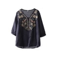 thumbnail image 5 of QIJUNTUO Short Sleeve Shirts for Somen Floral Embroidered Tops Cotton Linen Shirts Boho Ethnic Style Tee Women 3/4 Sleeve V Neck Button Tunic Tshirt Cotton, 5 of 5