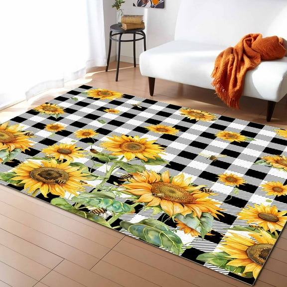 Area Rugs Indoor Non-Slip Rectangle Rug 2x3 Ft Vintage Sunflowers Bee Black White Plaid Country Farmhouse Rug Rubber Backing Floor Mats Non Shedding Home Decor Carpet for Entryway Living Room