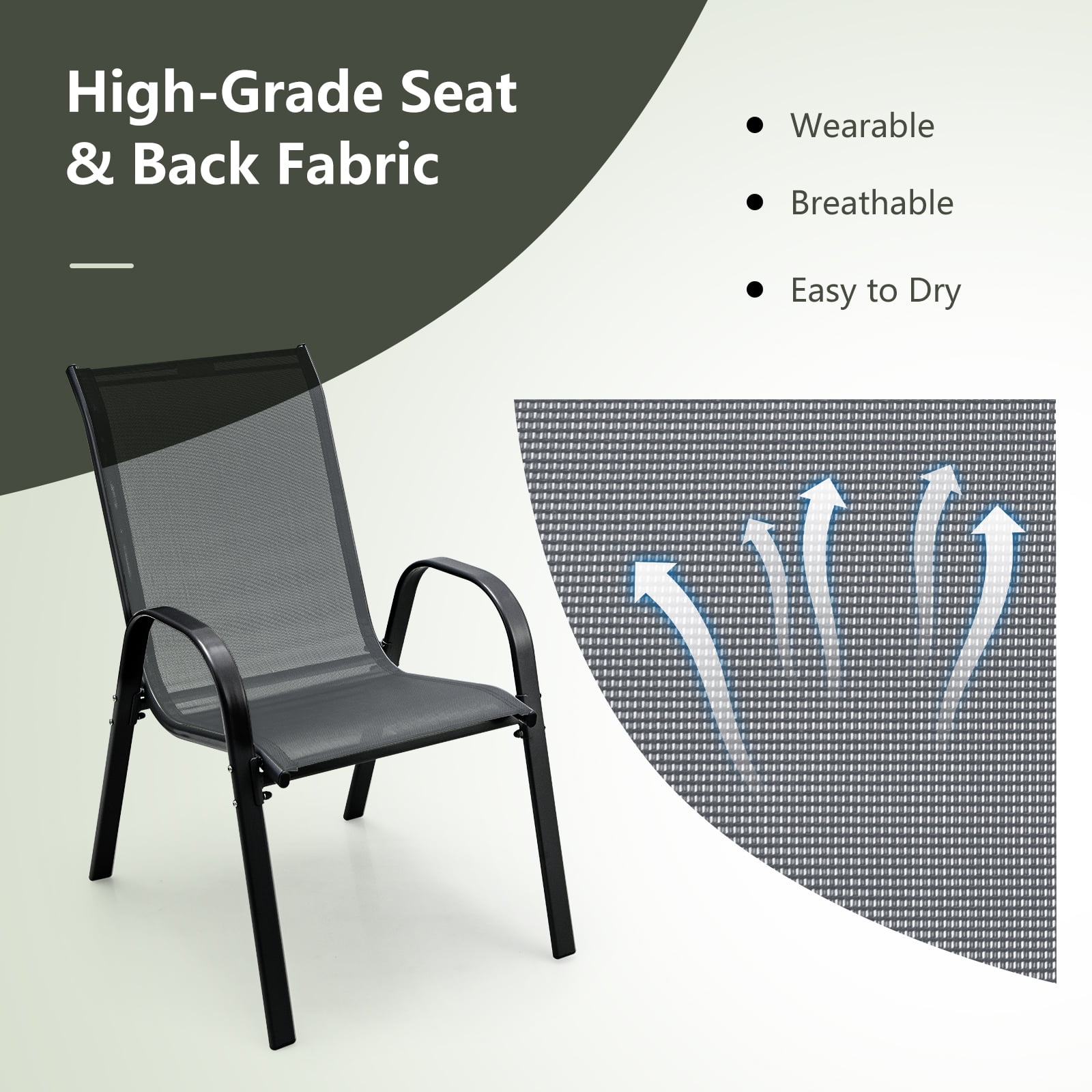 Costway Set of 4 Patio Dining Chairs Stackable Armrest Space Saving Garden  Black & Gray