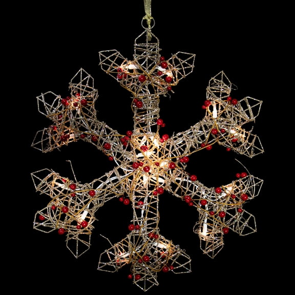 Northlight 19" Lighted Silver Glittered Berry Rattan Snowflake Christmas Window Decoration