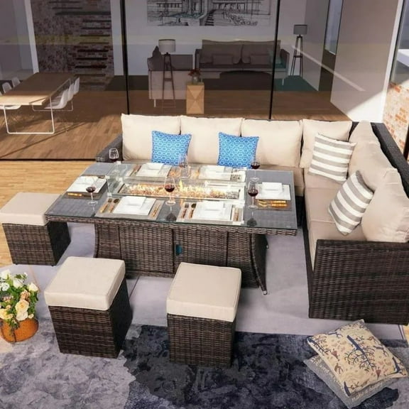 Abrihome 8-piece Outdoor Wicker Sofa with Fire Pit Table Patio Set,Brown