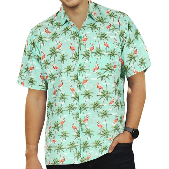 LA LEELA Men's Hawaiian Shirts Short Sleeve Summer Party Vacation Fashion Holidays Beach Stylish Button Down Shirt For Men L Fern, Flamingo
