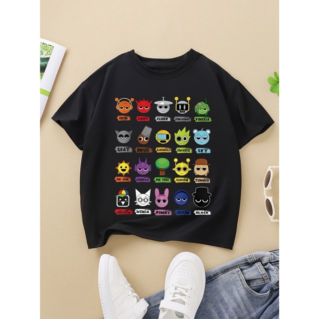 T-Shirt Imprimé Dessin Animé Coloré pour Enfants - Tricot Extensible Respirant, Col Rond, Manches Courtes, Design Amusant et Ludique pour Garçons et Filles, Haut d'Été Décontracté T-Shirt pour Jeunes Col Rond