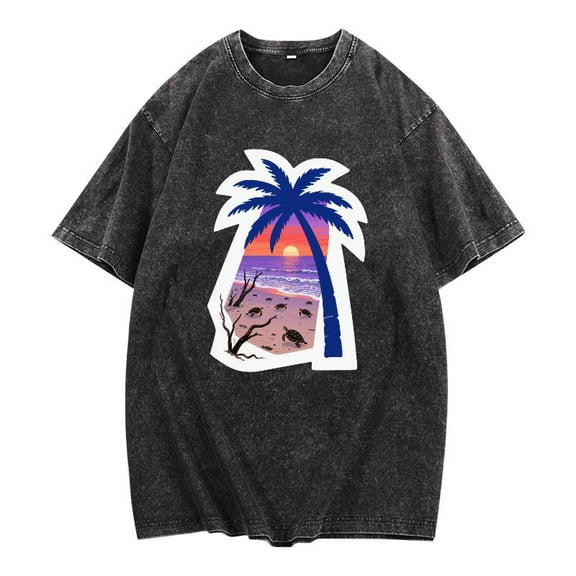 Tropical Beach Graphic Tee T-Shirt Washed Cotton Casual Short Sleeve Crew Neck Black S-2XL Plus Size
