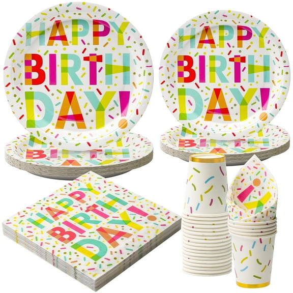 96 Pcs Birthday Plates and Cups and Napkins Party Supplies, Happy Birthday Party Paper Plates and Napkins Sets for Kids, Serve for 24 Guests, Striking