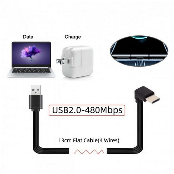 JSER 13cm USB 2.0 Type-A Male to USB-C Type-C Up Down Angled 90 Degree Data Flat Slim FPC Cable for FPV Disk Phone
