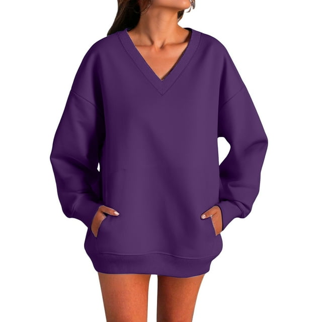 Women's Autumn Fashion Plus Loose V Neck Sweatshirt With Side Pockets