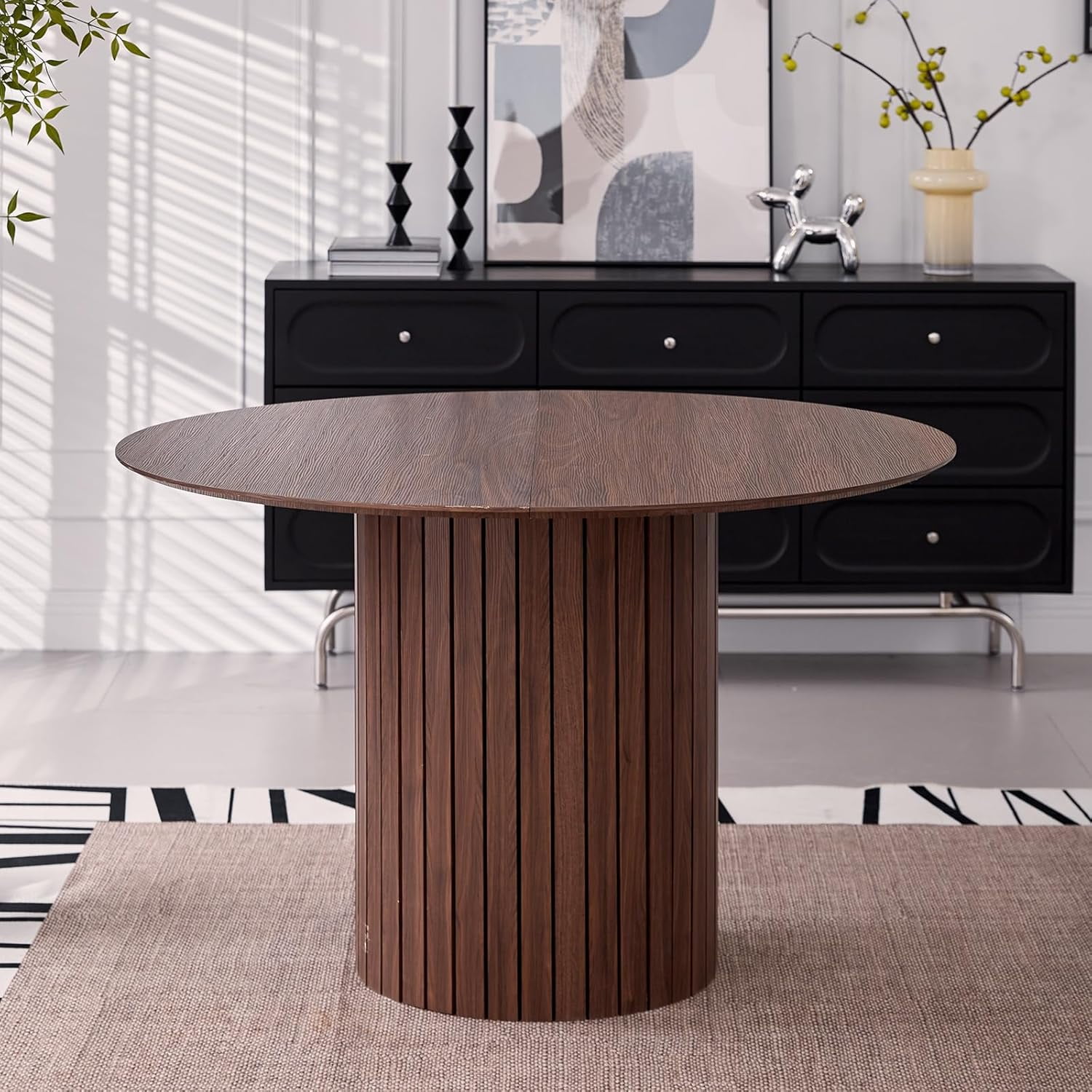 5 Piece Round Dining Table Set - Mid-Century 47 inch Brown Dining Table with 4 Blue Velvet Chairs Set, Dinner Table & Chair with Metal Legs for Kitchen Dining Room, Apartment, Bedroom