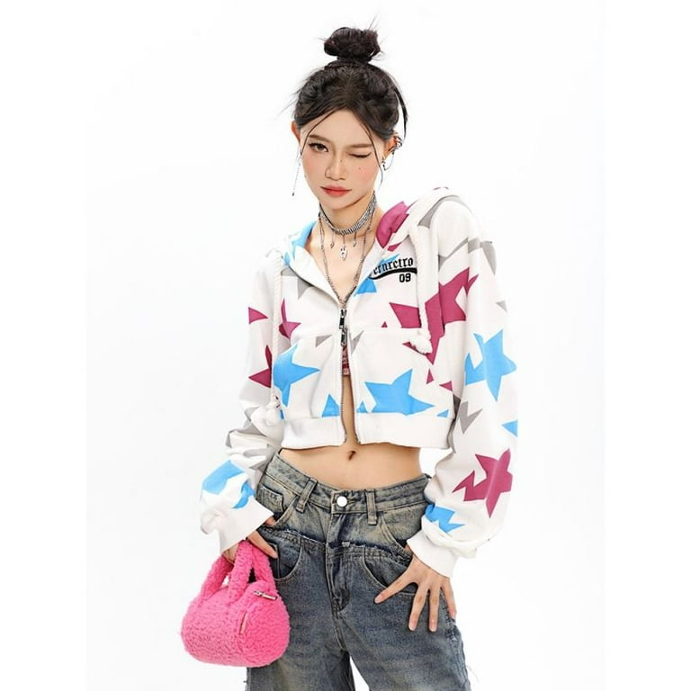 Y2k Printed Star Women Jacket American Hot Girl Double