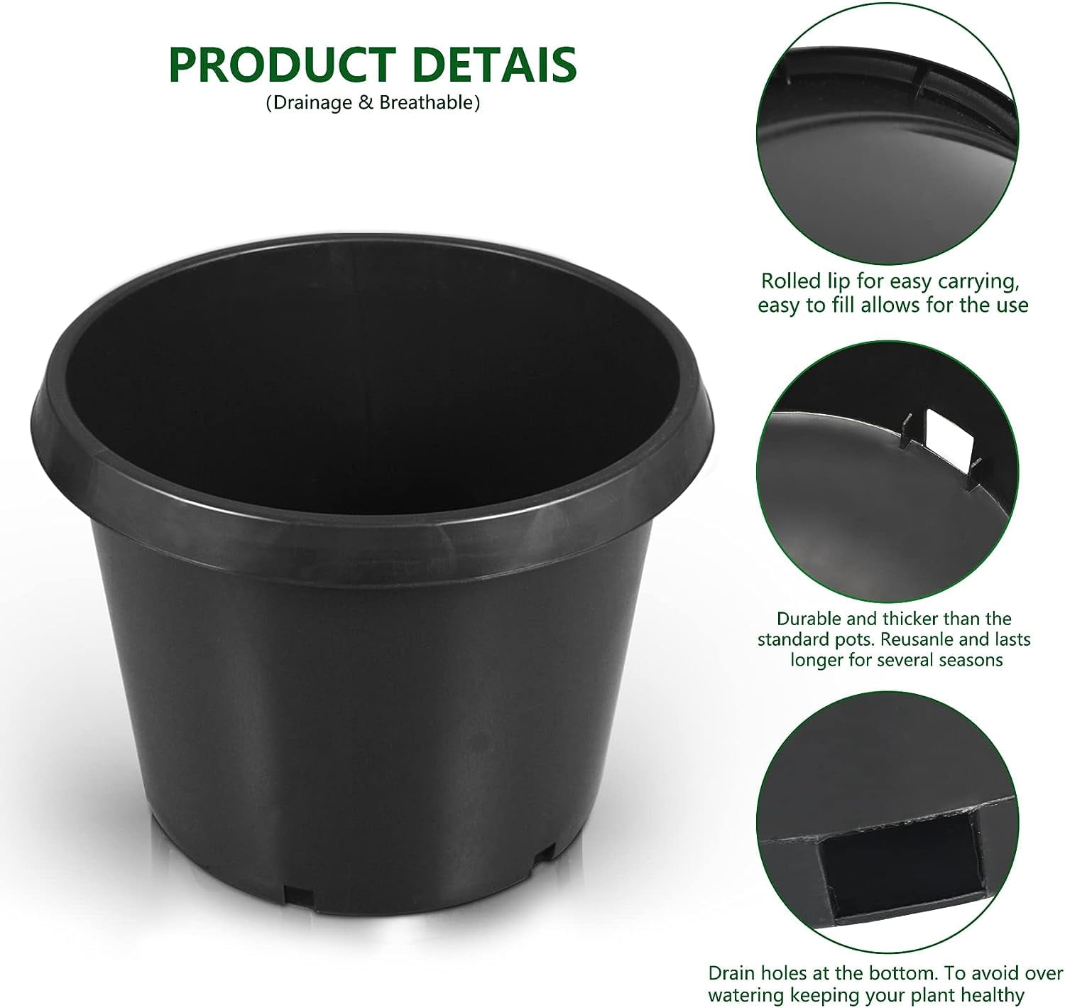 HOSTIC 5-Pack 20 Gallon Black Plastic Plant Flower Pot Nursery Containers