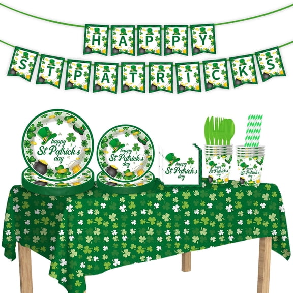 98 Pieces Happy St. Patrick's Day Plates and Napkins Tableware Set, Green Shamrock Lucky Disposable Dinnerware with Paper Plates, Napkins, and Forks for St Patrick Day Irish Party Supplies- Serves 16