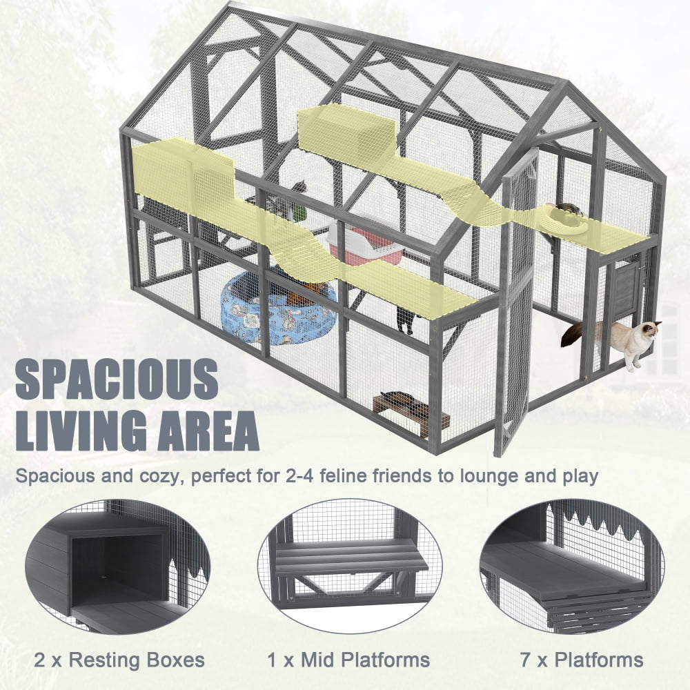 Large Wooden Outdoor Cat Enclosure with 7 Platforms, Resting Boxes & Waterproof UV-Proof Canopy