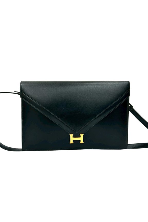 Pre-Owned Hermes Herms Liddy Box Calf Leather Semi-Shoulder Bag Pochette Black g97-4 (Good)