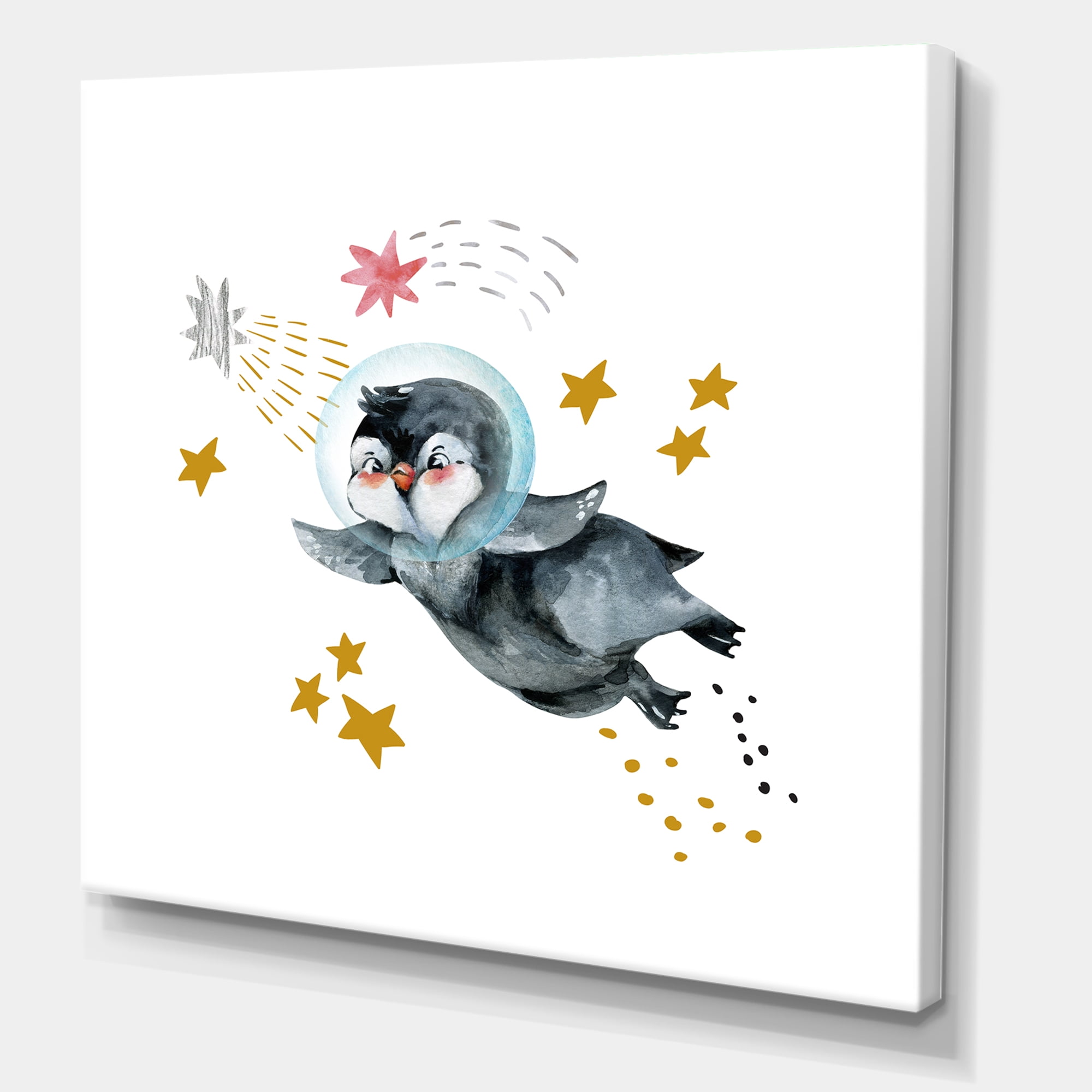 Designart ' Little Penguin Flying Planets and Stars I ' Farmhouse Canvas Wall Art Print