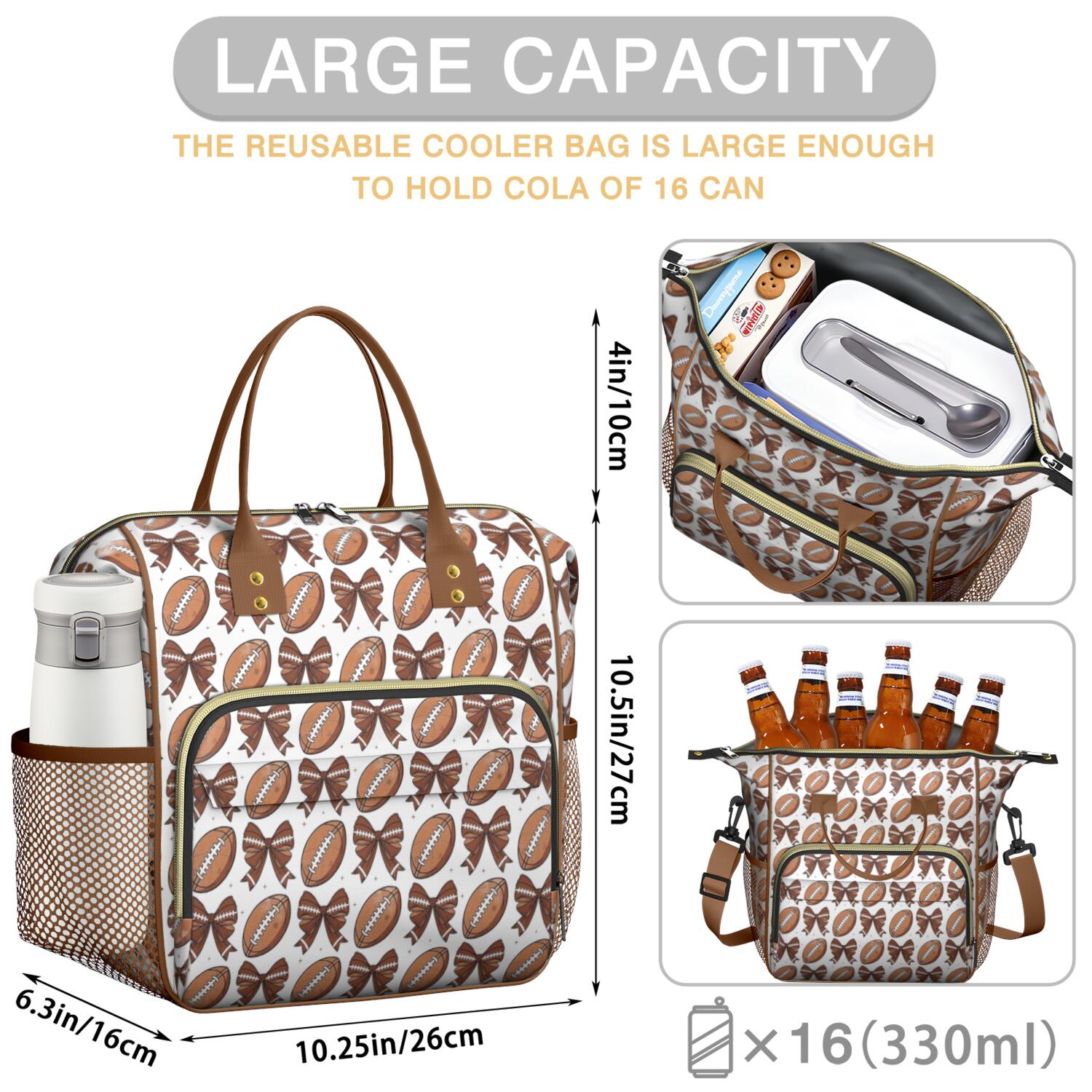 Brown Footballs and Bows Pattern Womens Lunch Box for Work,Insulated Large Lunch Bag for Tween and Teen,Loncheras Para Mujer,Leakproof Adult Lunch Bag for Work,Beach,Travel,Picnic,Camping