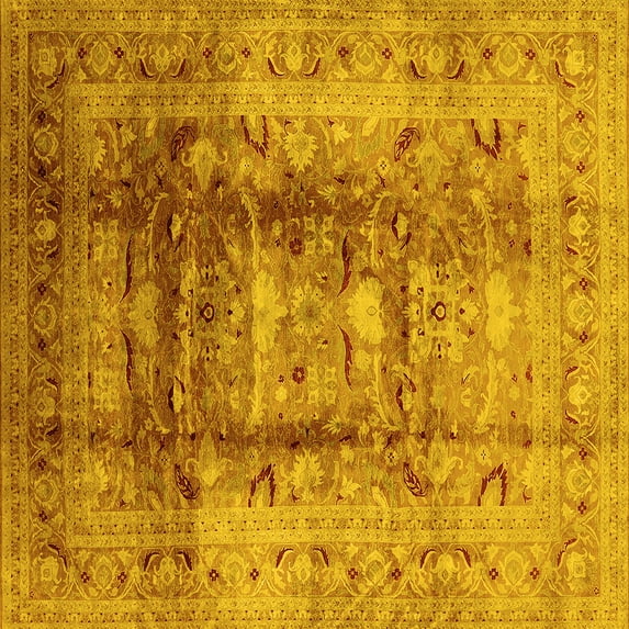 Ahgly Company Machine Washable Indoor Square Oriental Yellow Traditional Area Rugs, 4' Square