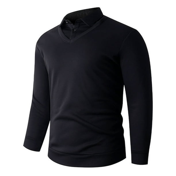 Blusa y camisa de manga larga con cuello vuelto para hombre, color liso, informal, elástica, deportiva, con botones, blusa de manga larga con cuello vuelto para hombre, tops de poliéster para hombre