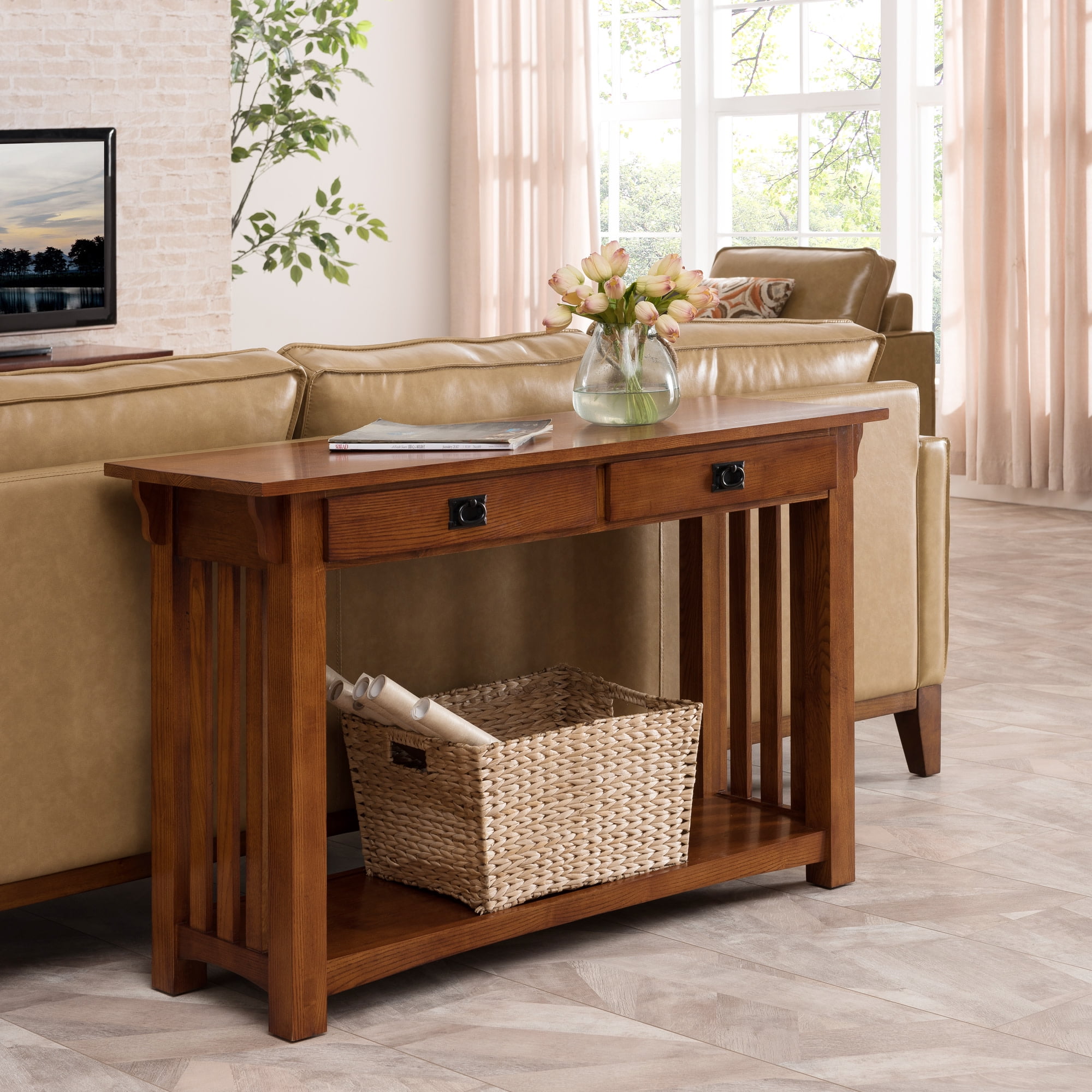 Leick Home Mission Wood Console Table for Entryway and Sofa Table, Medium Oak Finish