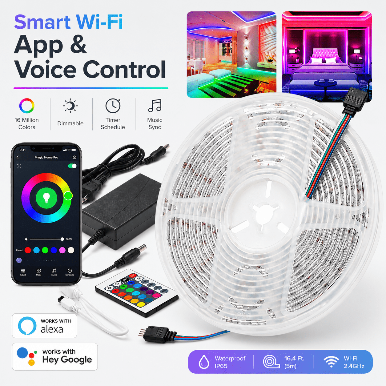 16.4 Ft. RGB Waterproof Wi-Fi LED Light Strip - 1 or 2 Pack 2 Pack