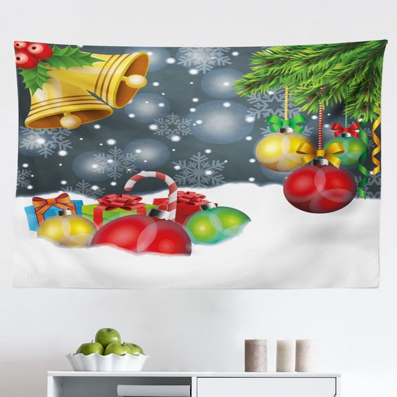 Christmas Tapestry, Vivid Balls on Horizontal Lines Ligneous Timber Yuletide New Year's Eve Pattern, Fabric Wall Hanging Decor for Bedroom Living Room Dorm, 2 Sizes, Multicolor, by Ambesonne
