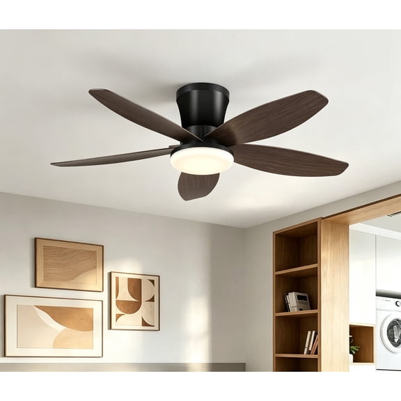 Phorus 36" Low Profile Ceiling Fan with LED Light, Remote/APP Control, Quiet Reversible DC Motor, Dimmable Modern Ceiling Fan for Bedroom, Brown