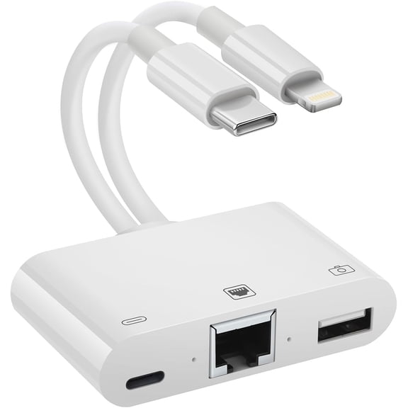 2 in 1 Lightning and Type C to RJ45 Ethernet Adapter Network Adapter, with Charg