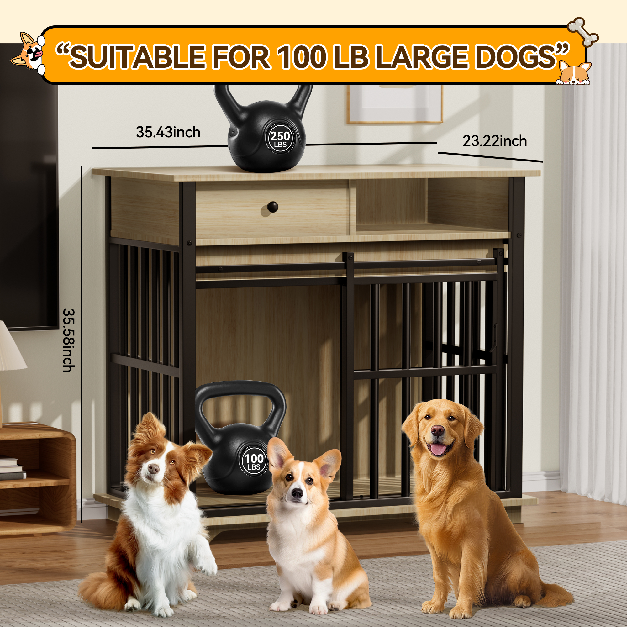 36" 2-in-1 Dog Crate Furniture, Dog Cage with Double Storage Cabinets, Indoor Iron-Wood Dog Kennel Table for Medium & XLarge Dogs, Rustic Brown Decorative Pet Cage with Sliding Door & Removable Tray