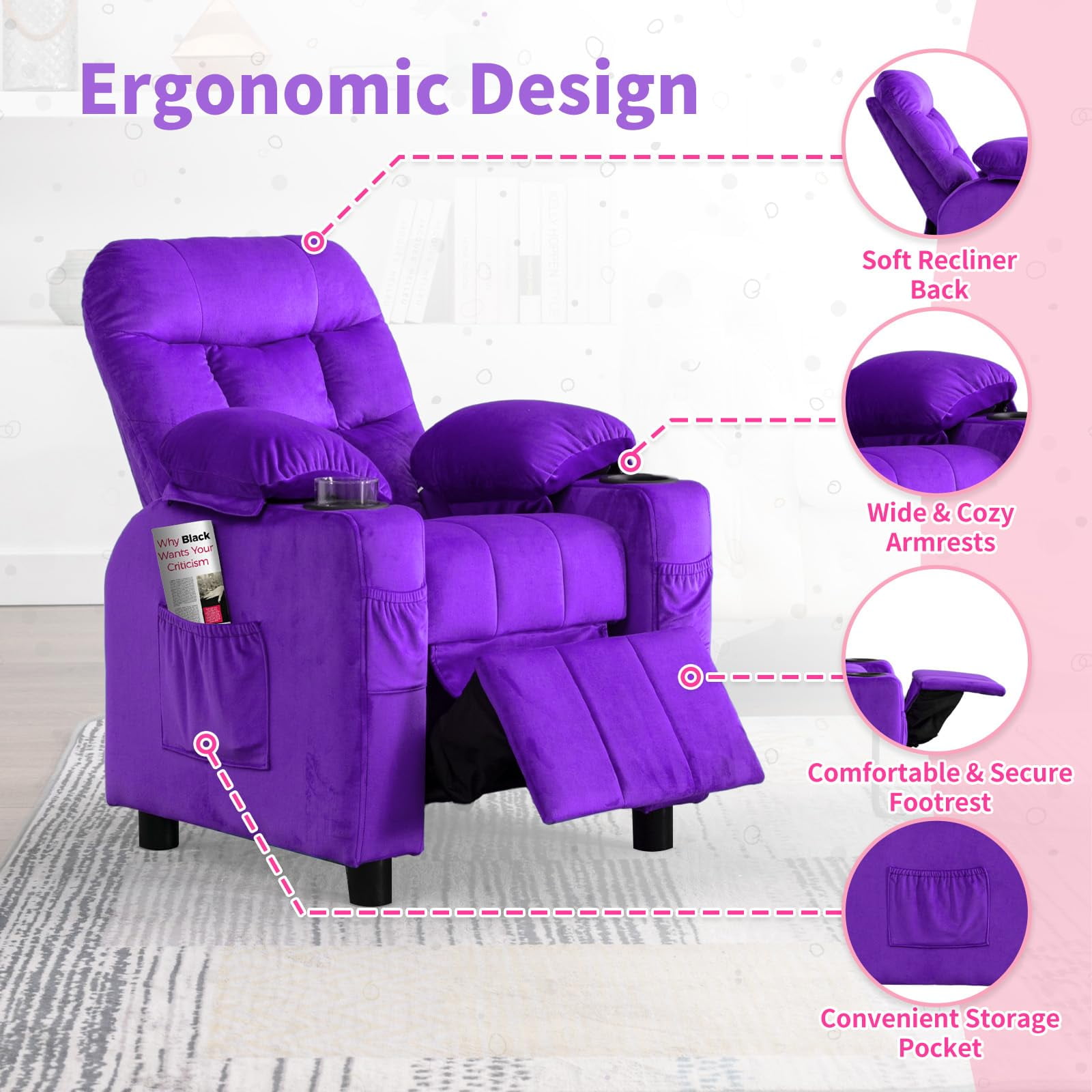Linor Kids Recliner Chair, Adjustable Velvet Lounge with Cup Holder, Footrest, Side Pockets, Purple