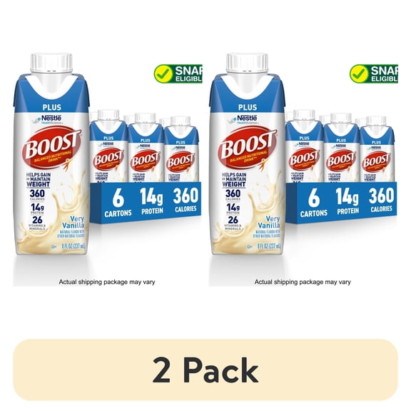 (2 pack) BOOST Plus Nutritional Drink, Very Vanilla, 14 g Protein, 6 - 8 fl oz Bottles
