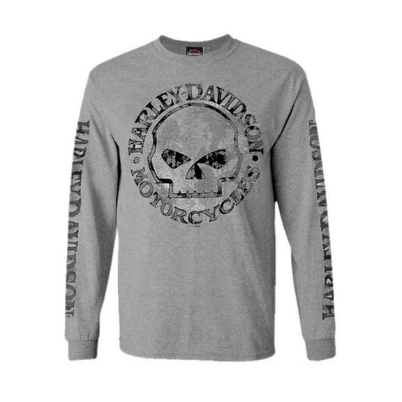 Men's Shirt, Willie G Skull Long Sleeve Tee, Gray 30296651, Harley Davidson