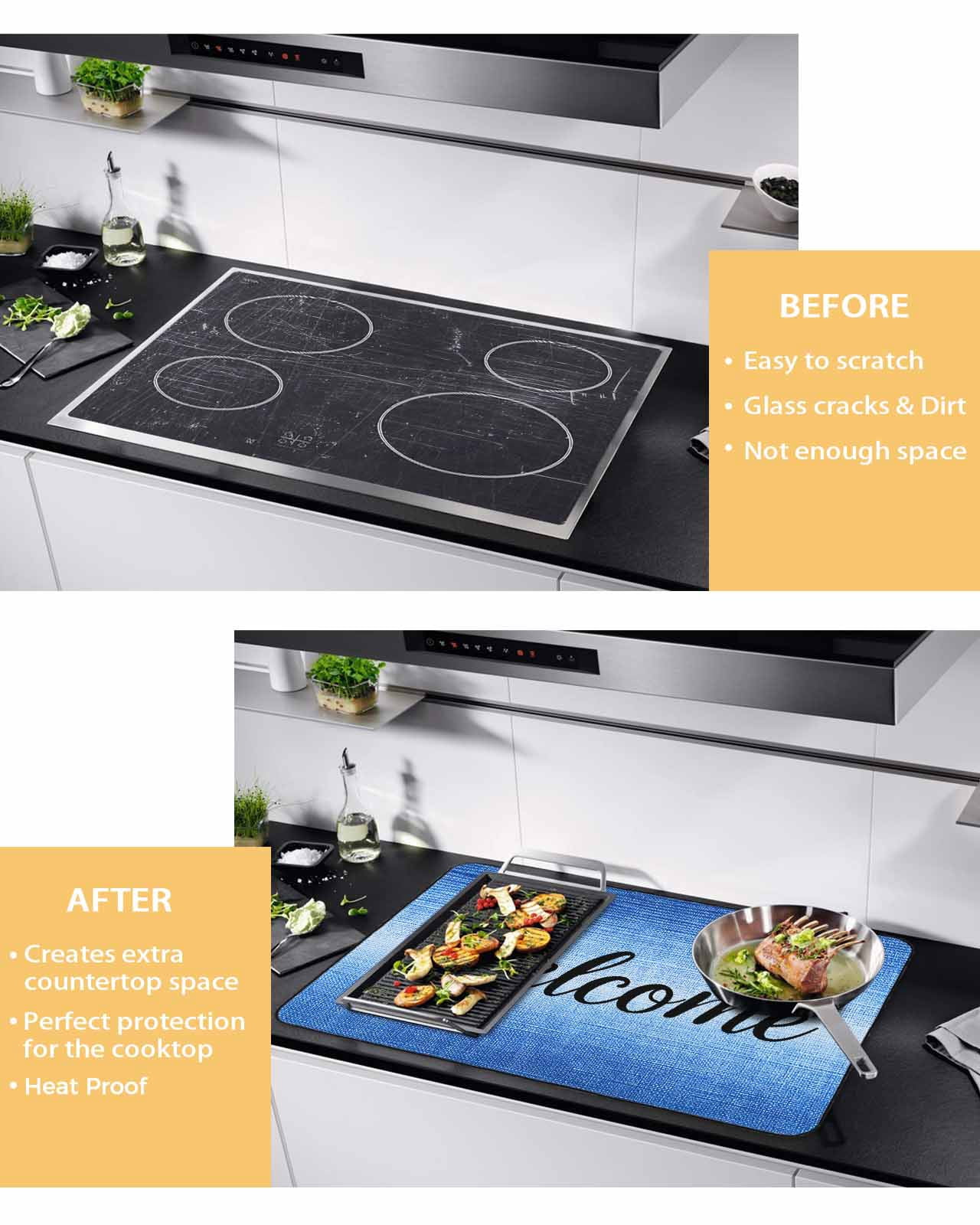 nqOlkjepod Large Induction Cooktop Protector Mat 36"x21", Blue Ombre Stove Top Covers for Electric Stove, Summer Vintage Texture Painting Decorative Stove Burner Cover Mats, Glass Top Stove Cover