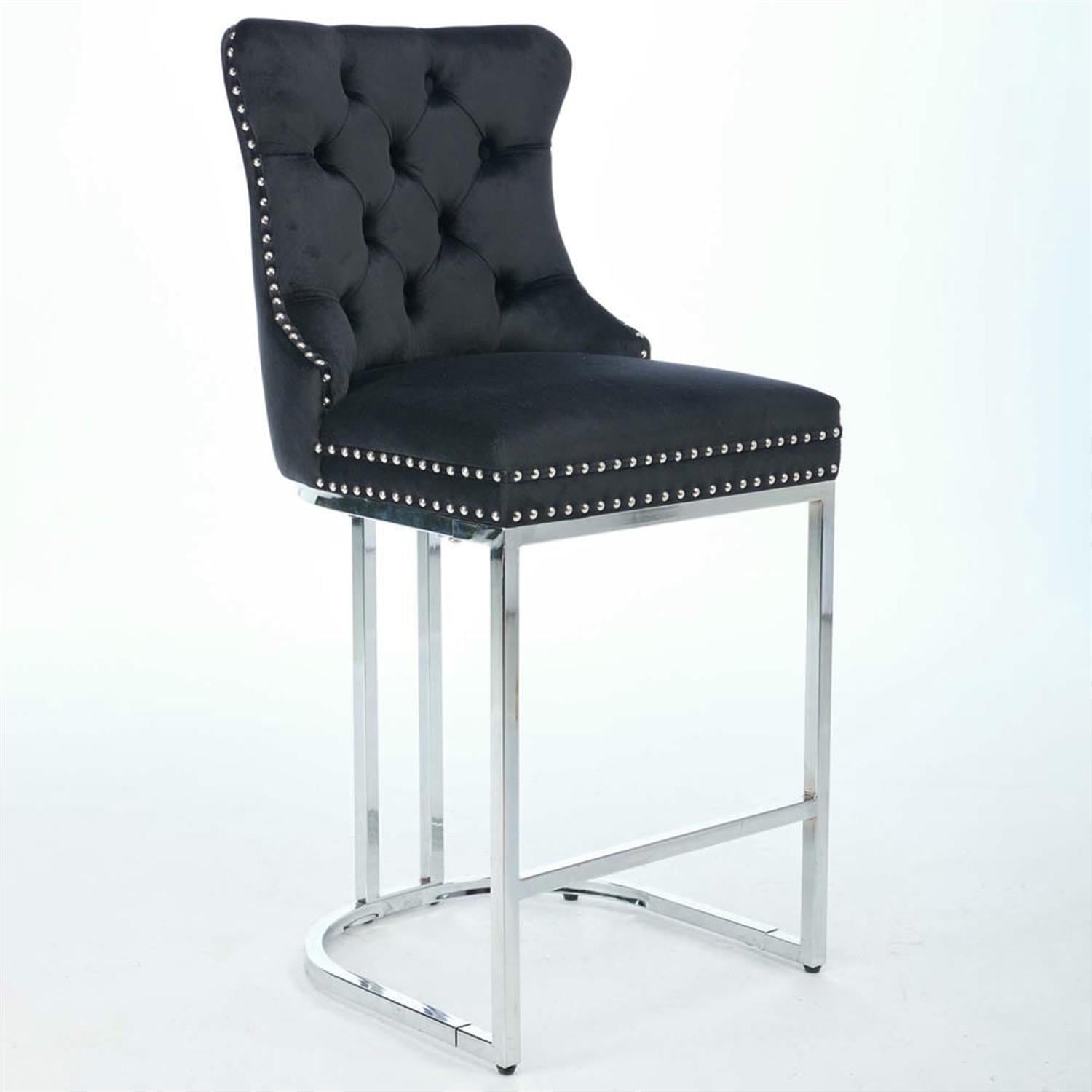 Demi Bonn 38" Counter Height Bar Stools Set of 2, Velvet Barstools with Button Back, Kitchen Island Countertop Chairs for Dining Room, Black