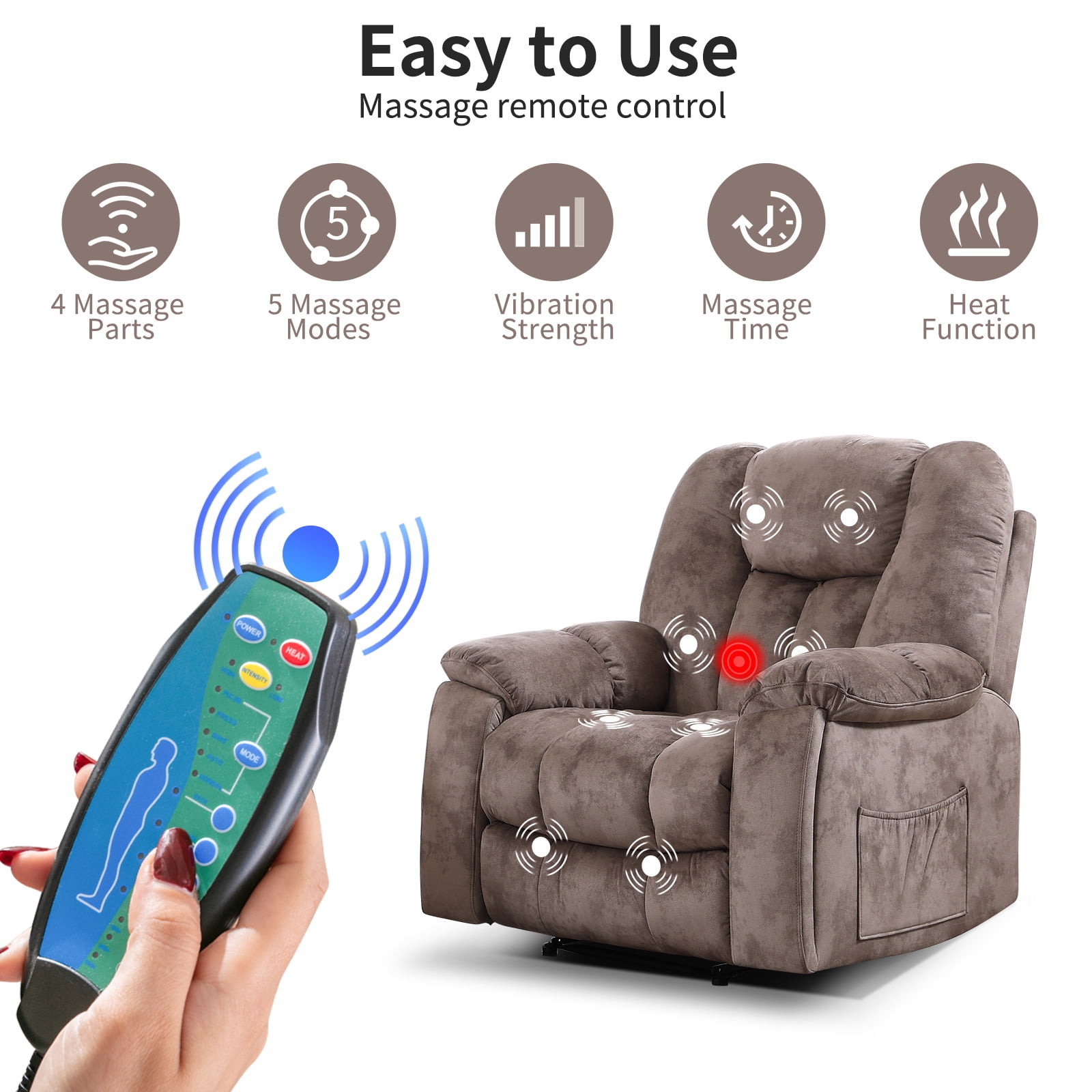 Bonzy Home Manual Recliner Chair with Massage and Heat, Overstuffed Single Reclining Sofa with Hidden Cup Holders and Side Pocket, Brown