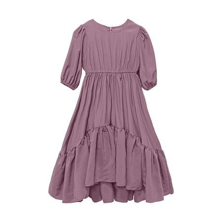 

JSGEK 7-8 Years Kids Regular Fit Soft Girls A Line Swing Dress Comfort Solid Color Junior Bridesmaid Dresses Summer Wedding Elegant Party Gown Purple