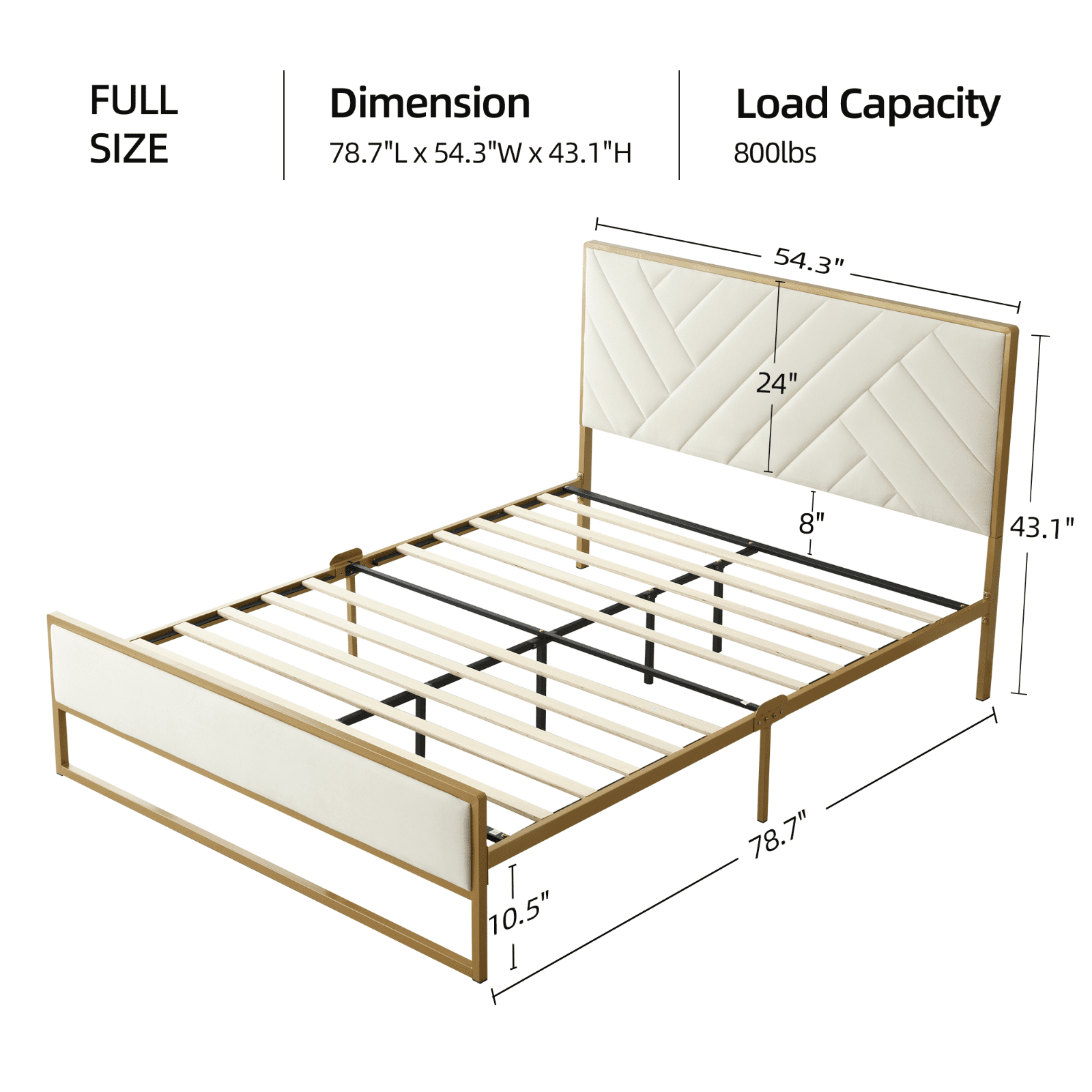 Full Size Bed Frame, Golden Metal Platform Bed Frame with Velvet Upholstered Headboard, Beige