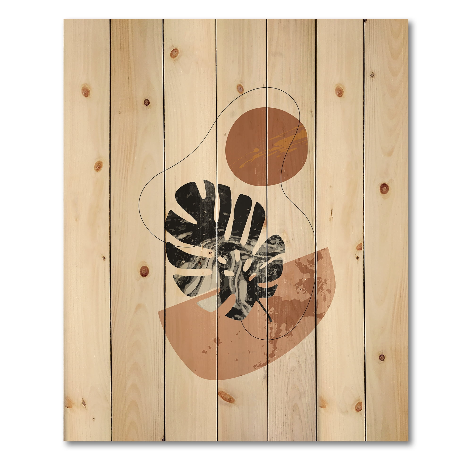 Designart 'Abstract Tropical Monstera Shapes and Leaves' Modern Print on Natural Pine Wood