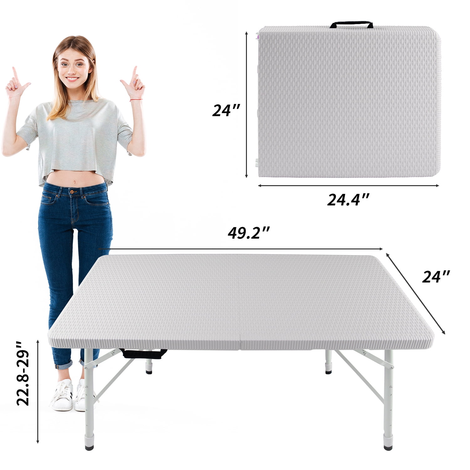 Hommoo 4FT Rattan Folding Table, Plastic Adjustable Portable Foldable Table, Camping Table for Indoor& Outdoor, White