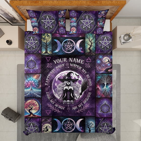 Lotusprinthandmade Personalized Halloween Witch Lovers Quilt Bedding Set (White Binding) 5 Sizes (Made in Vietnam) (55x60), halloween witch lovers quilt bed set