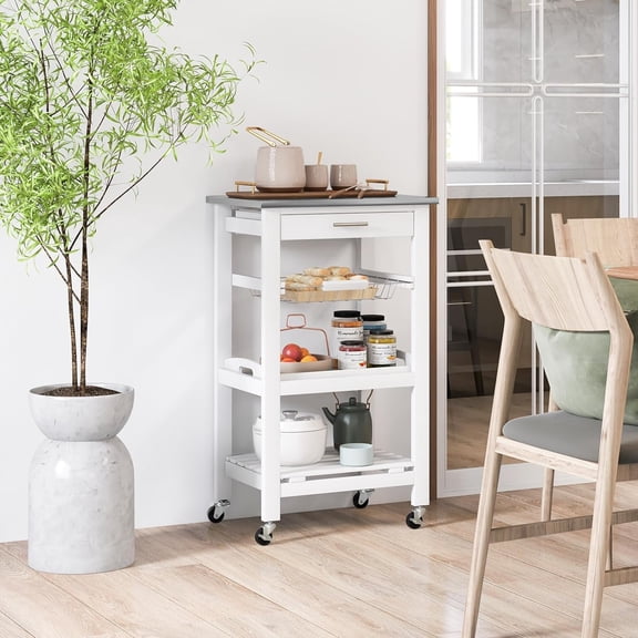 Small Kitchen Island, Rolling Kitchen Utility Cart on Wheels with Stainless Steel Countertop, Drawer, Serving Tray, Metal Basket, Butcher Block Island for Dining Room (White)