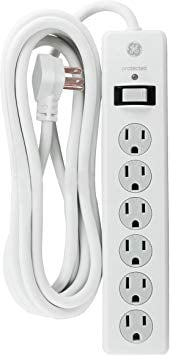 White 6 Outlet Surge Protector 2 Pack GE Twist-to-Close Safety Covers 10 Ft Extension Cord 46862 800 Joules Flat Plug Power Strip 