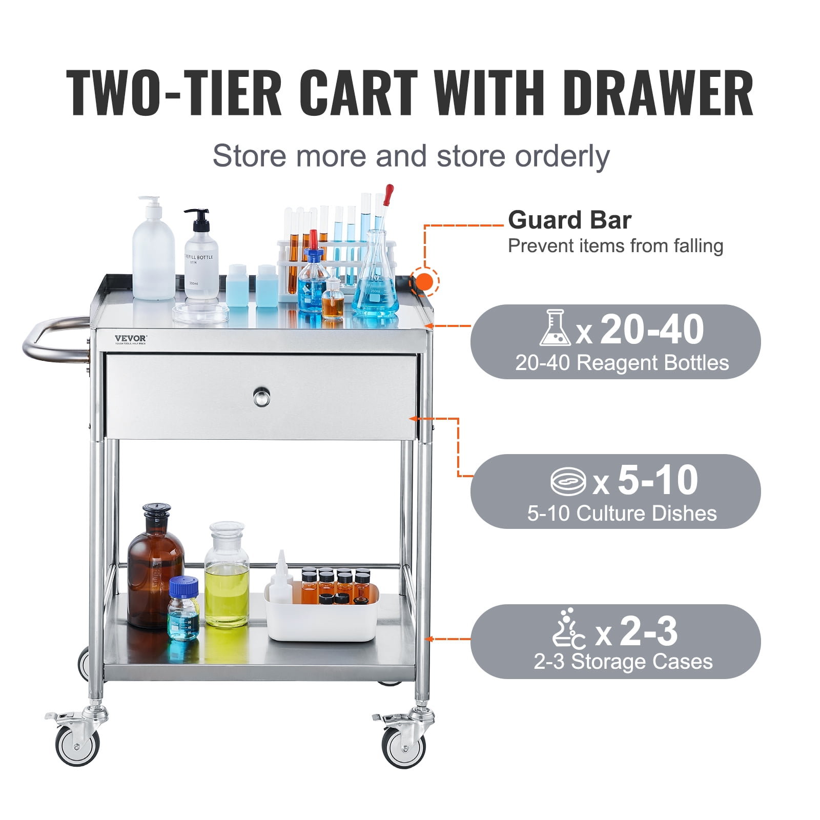 VEVOR 2-Tier Lab Cart Stainless Steel Cart Utility Rolling Cart Mobile Lab Utility Cart with A Drawer & 3 Shelves 220 lbs Catering Dental Utility Cart Dolly Restaurant 28.0'' x 16.6'' x 30.9''