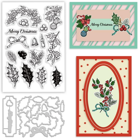 2pcs Christmas Holly Leaf Theme PVC Plastic Stamps and Carbon Steel Cutting Dies Stencils Merry Christmas for DIY Scrapbooking Photo Album Decorative Embossing Paper Card Gray