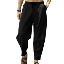 SWSMCLT Men's Long Casual Pants Pleated Trousers Linen Pants Cotton Drawstring Pocket Winter Comfy Black X-Large