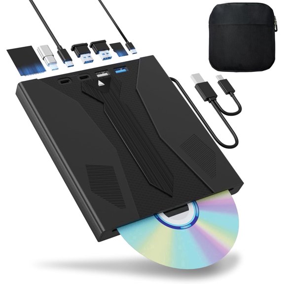 8-in-1 External Blu-ray Drive, 100G 3D Optical Burner Player with USB 3.0 & Type-C, Compatible with Windows macOS for Laptop Desktop
