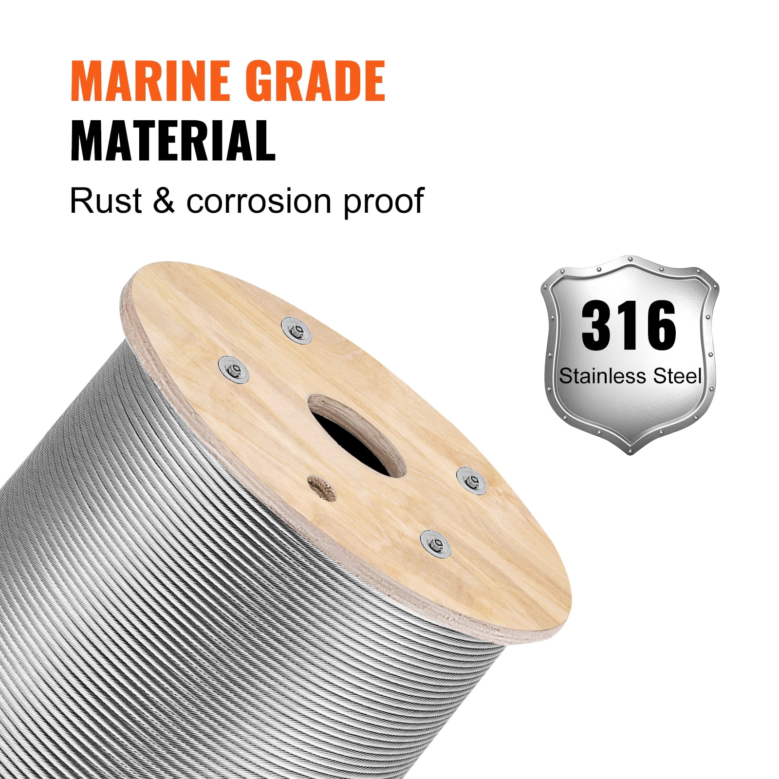 BENTISM 316 Stainless Steel Wire Rope Cable, 3/16", 1x19, 1000 ft reel