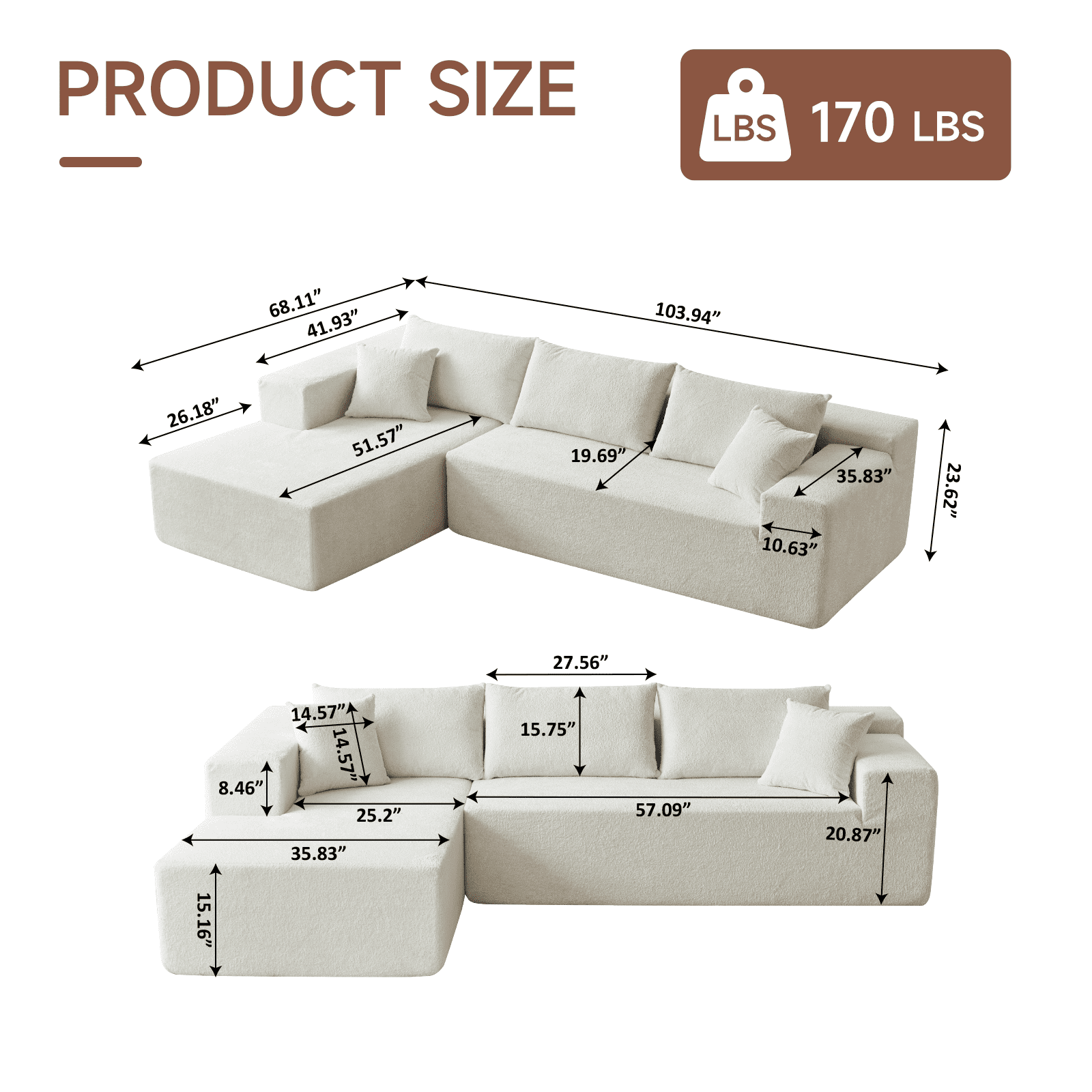 104" Sectional Sofa, L-Shaped Modern Modular High-Density Sponge Corner Sofa with Chaise Lounge & Pillows, Upholstered Cloud Couch for Living Room Bedroom Apartment